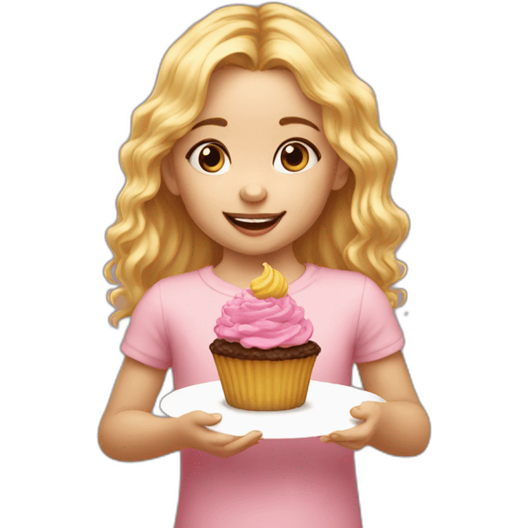 4-years old girl with golden hair eats cupcake emoji