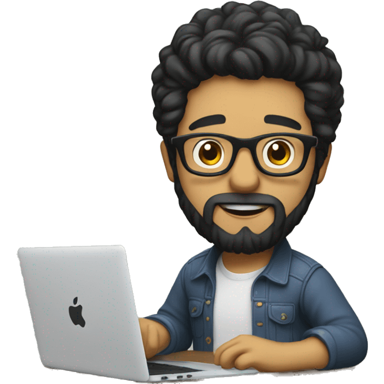 Designer with black hair, beard and glasses working with MacBook and eating ketchu bottle emoji