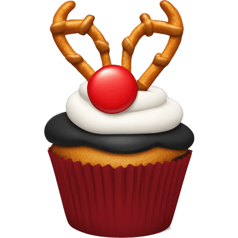 Black and red cupcake with pretzel antlers at the top with one cupcake  emoji