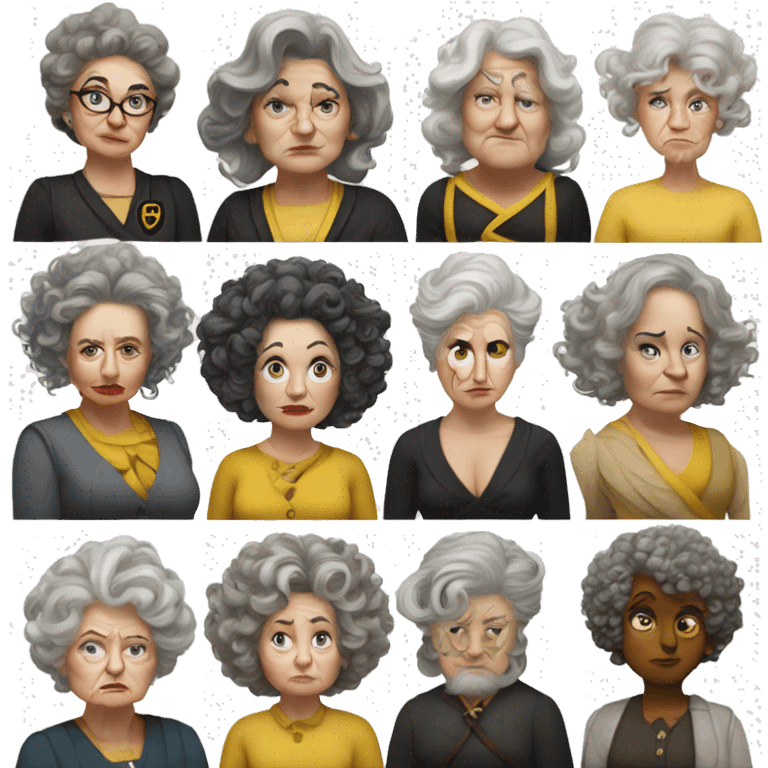 old, curvy woman, white face, hufflepuff, grey and curly and wild hair, madame sprout, not amused,  emoji