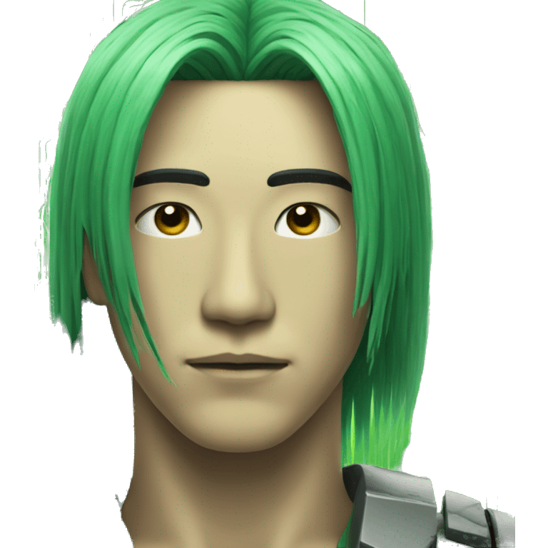 Head of Asian male cyborg with long green hair and circuits emoji