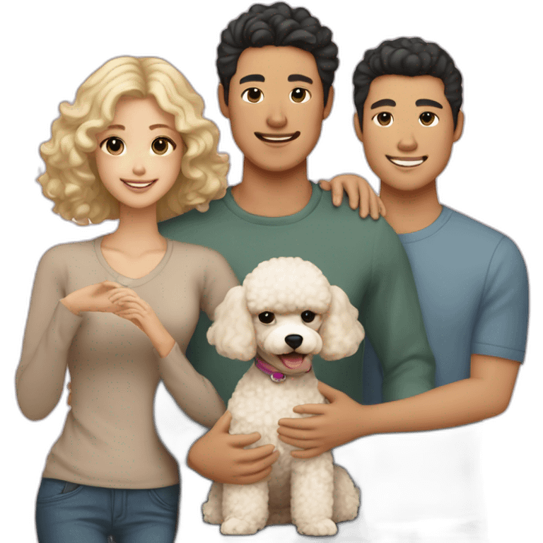 A Family consisting of 1 asian man with dark eyes and hair tan skin and 1 white blonde girl with pale skin and 1 fluffy brown toy poodle emoji