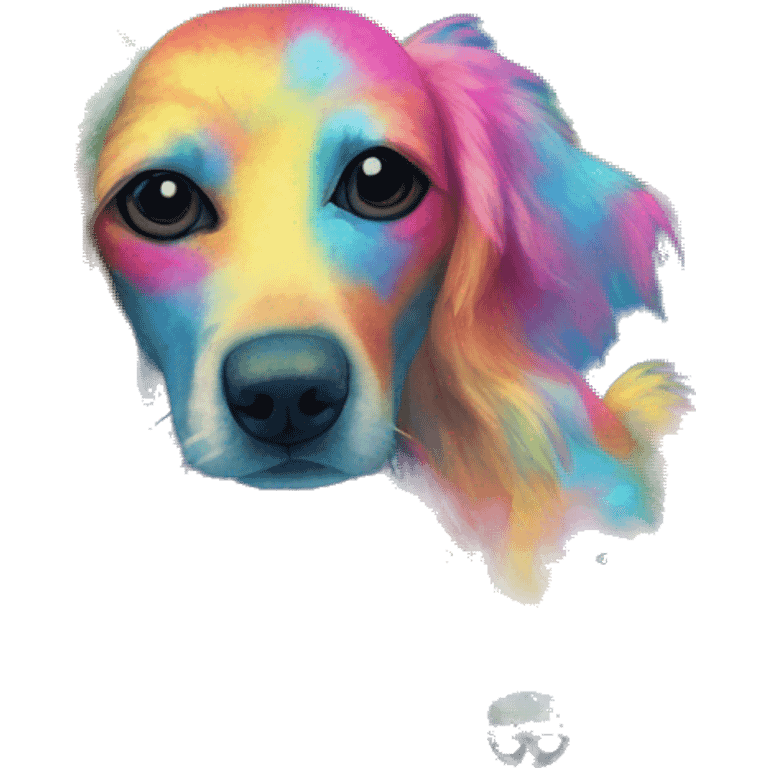 Multicolored rainbow retro groovy tie dye hippie trippy floral patterns on a metallic holographic iridescent blue dog face head emoji