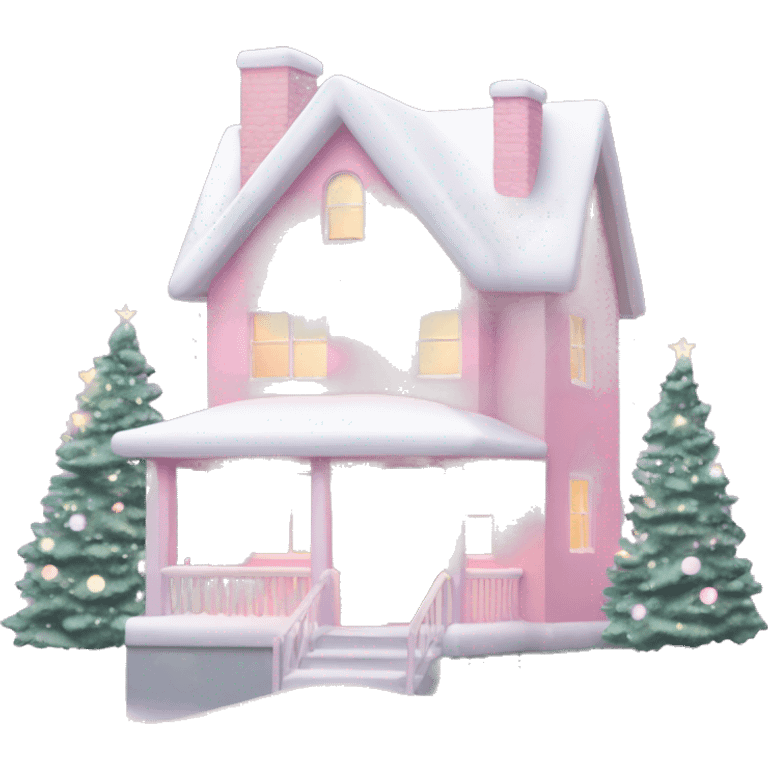 Pastel pink Christmas house with Christmas lights and evergreen trees emoji