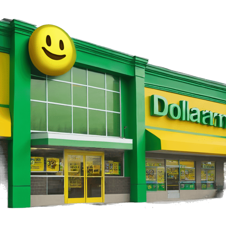 “Exterior of a Dollarama store with the bright green facade, bold yellow Dollarama sign, large front windows, and entrance doors, capturing the look of a budget-friendly retail store.” emoji