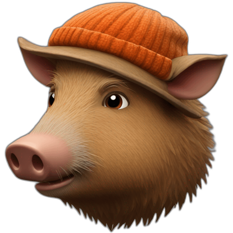 fullface wild brown boar tired of life with stubble with a winter hat emoji