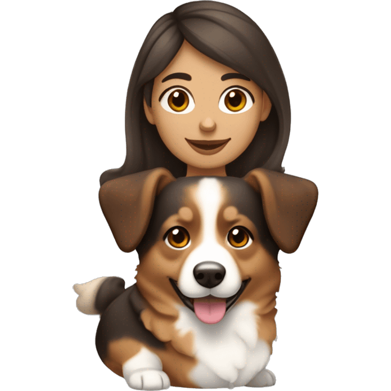 Fille brune avec des cheveux bouclés et un corgi tricolore  emoji