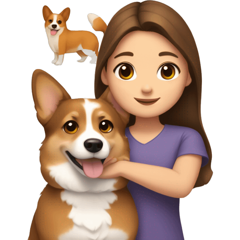 girl with brown eyes and brown hair hugs a corgi emoji