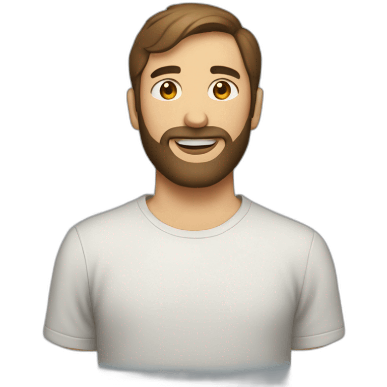 man with brown short hair and short beard wearing a t-shirt with the word escutai emoji