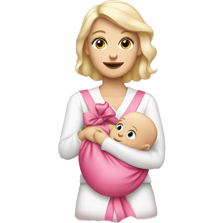 white blonde woman holding a baby that has a pink bow emoji