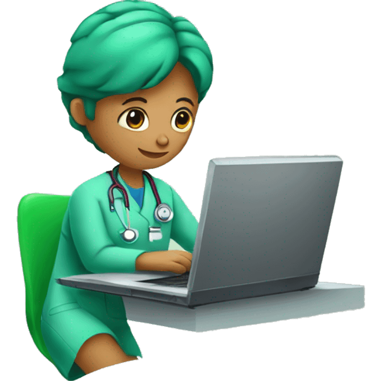 a doctor in green scrubs and no stethoscope sitting in front of a laptop emoji