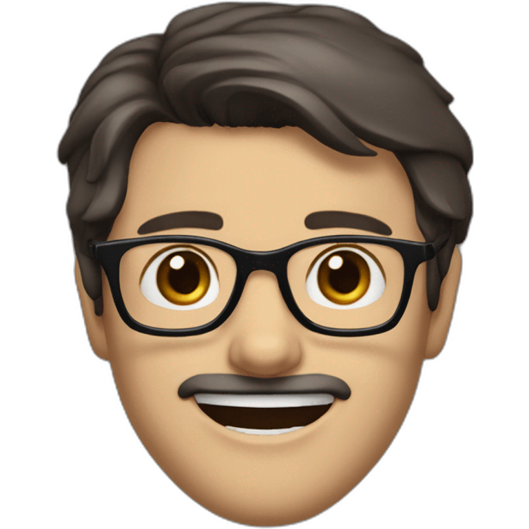 man dark brown hair parted to the right with thin dark blue black glasses, he has slightly protruding ears with a smile where he is missing a tooth between the canine and the palette. emoji