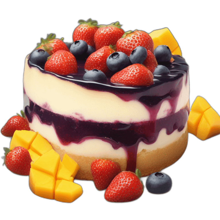 cheesecake topped with 3 jams strawberry , blueberry and mango  emoji