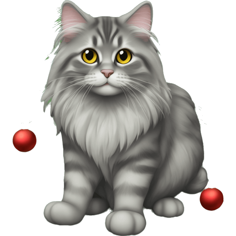 Gray Siberian cat on top of Christmas tree  emoji