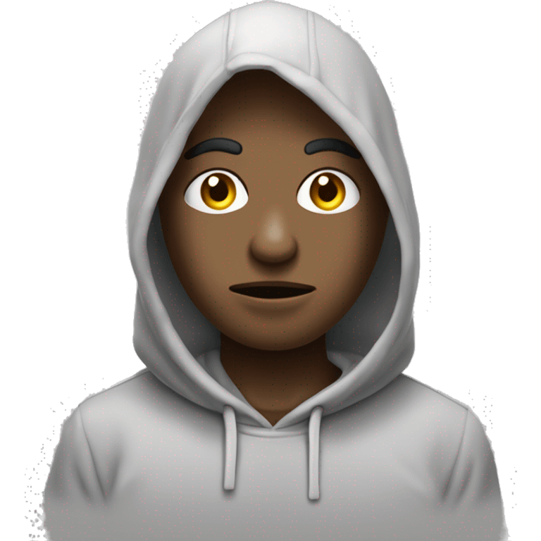 Un emoji avec un sweat à capuche gris, des yeux grands et inquiets, et une bouche tombante, exprimant tristesse ou regret. emoji