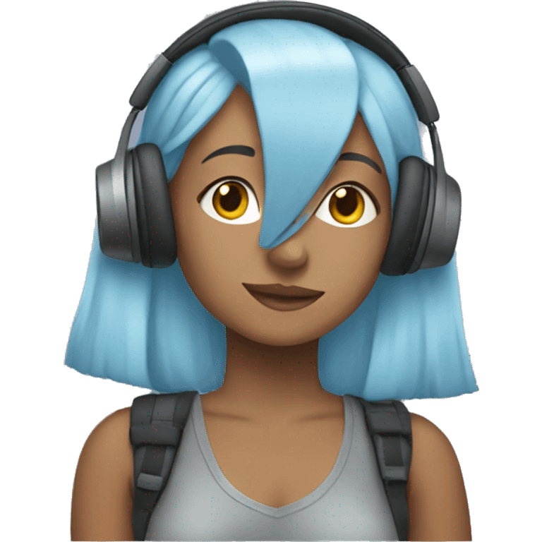 young woman with light blue hair, listening music, wearing headphones, emoji