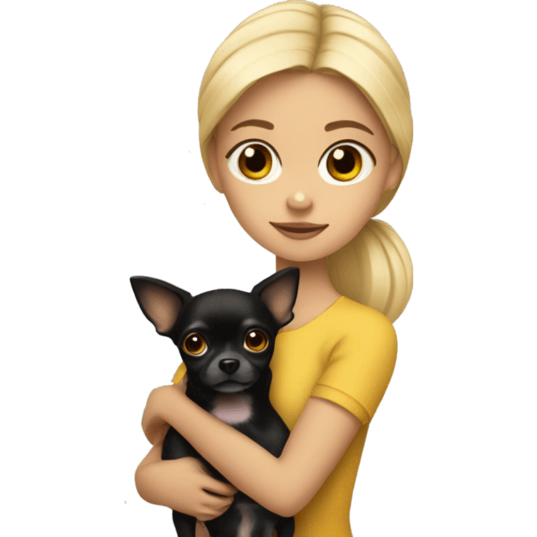 blonde girl with black & dark brown chihuahua in her arms emoji