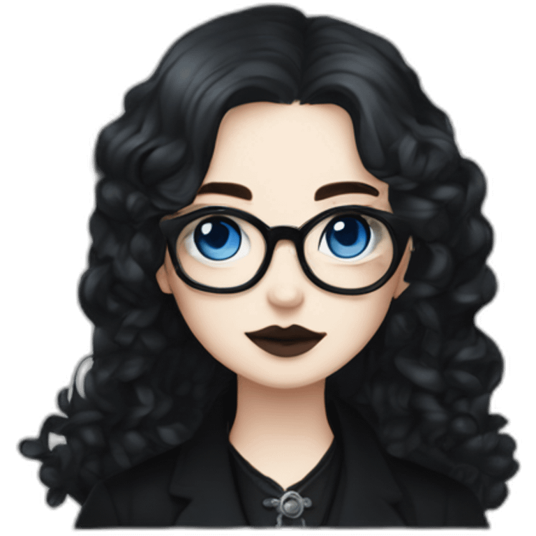 full length goth girl in a black coat, glasses with blue eyes and white skin and curly black long hair and aristocratic high cheekbones emoji