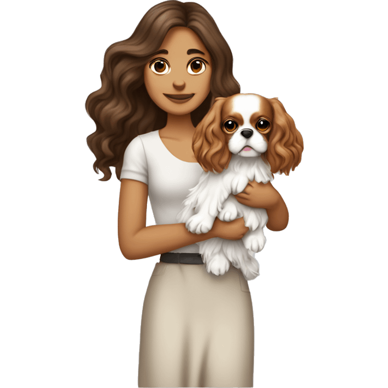 Pretty white brunette long wavy hair girl, holding a cute cavalier King Charles spaniel dog with short ears wavy fur emoji