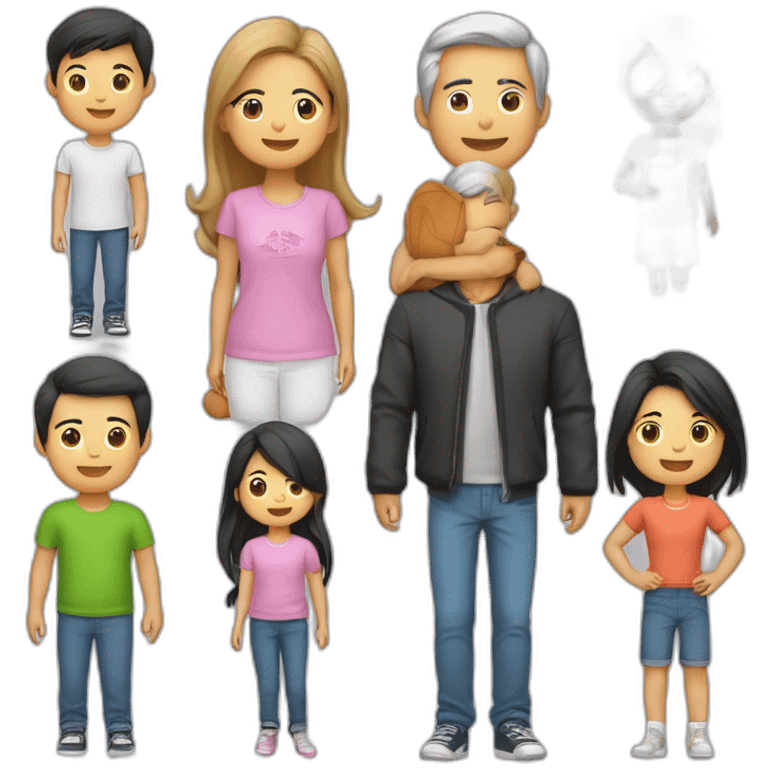 Famille 4 personne un fils aîné avec un t-shirt de basket une fille cadette au cheveux long un père asiatique une mère emoji