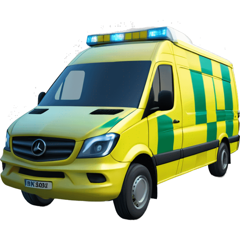 NHS Mercedez sprinter ambulance, yellow body, with green and yellow checkerboard strip along the bottom. NHS logo on the side. Blue flashing light strip on top. Black small window on side. emoji