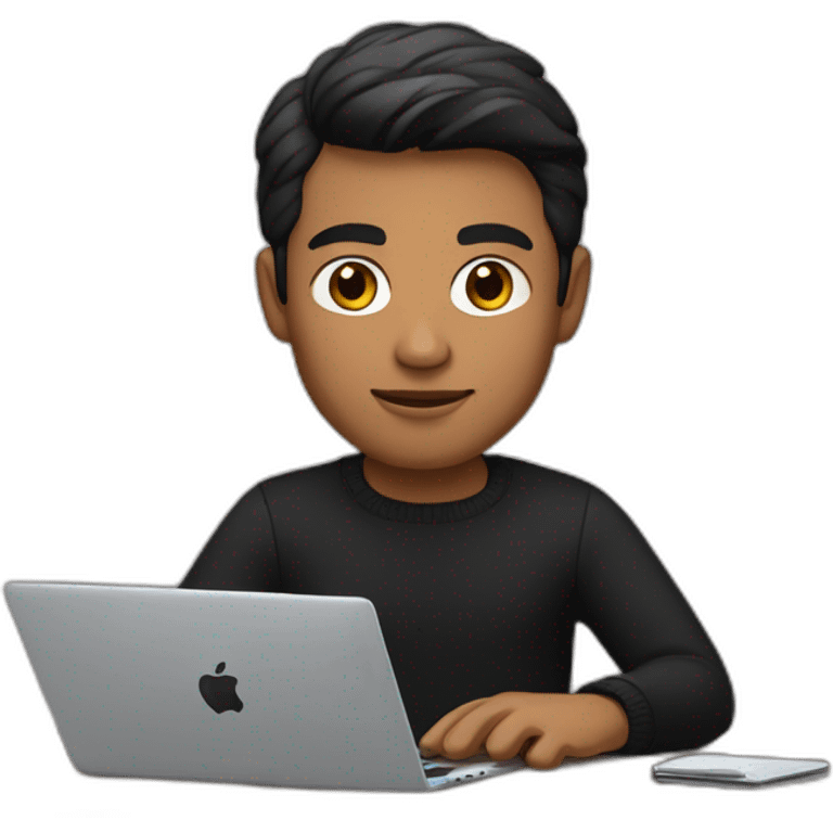     memoji of a man with a laptop in front, apple-style,modern,dark hair,black sweater,computer in hand, srilankan brown skin, sitting on his desk emoji