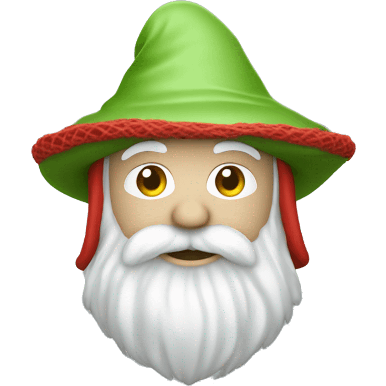 little gnome with white beard, white pointy hat, light green cloak and red fishing net emoji emoji