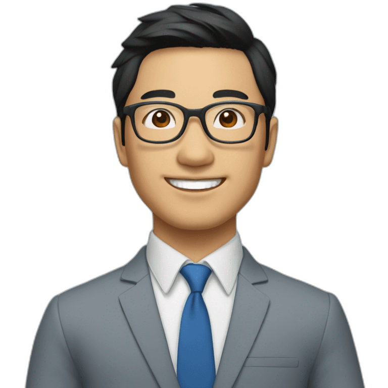 Young Business man with Black hair and round Glases, smiling, asian, blaue suit, without tie emoji