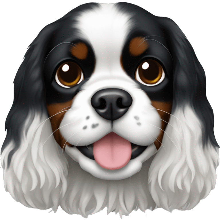 Small completely black Cavalier King Charles spaniel with black fur on his whole face and white fur on chest emoji