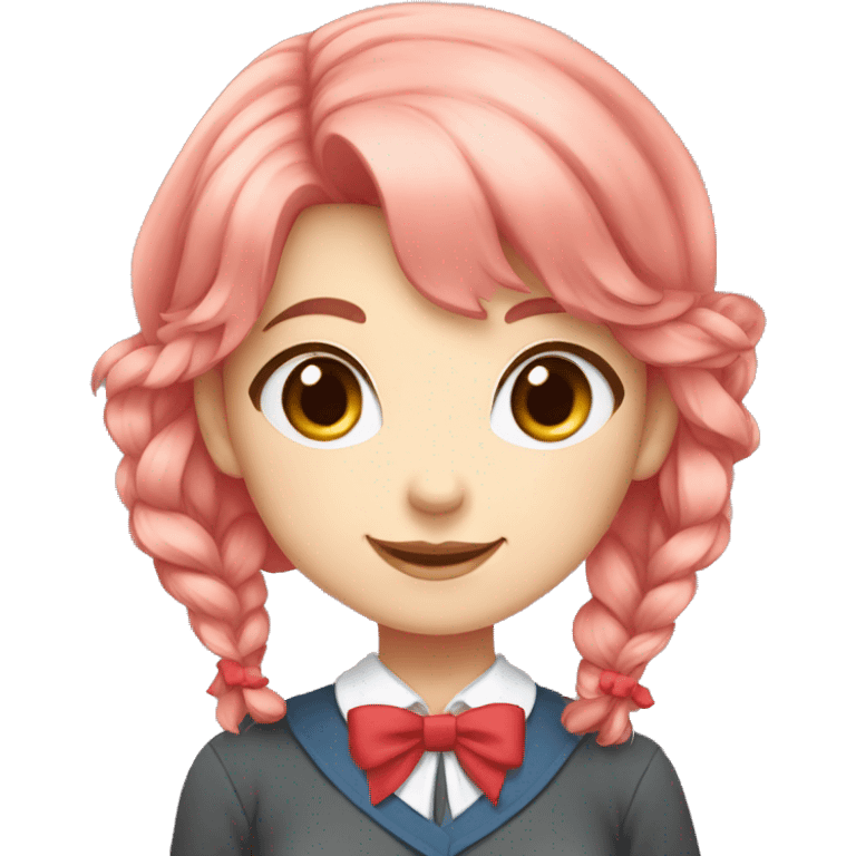 Girl short coral pink hair, blue eyes, red bow, Grayish brown school uniform, collar, red bow on the collar, happy, red bow emoji