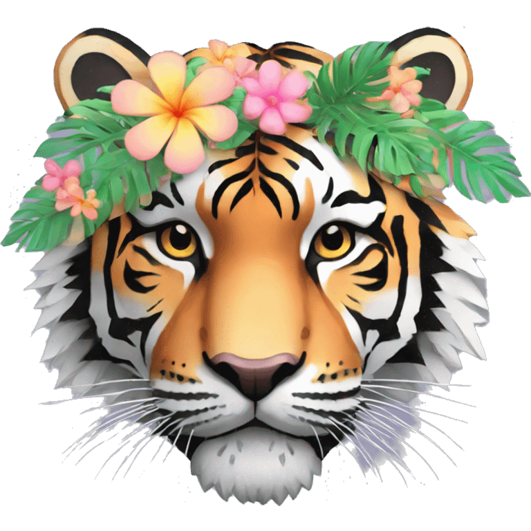 Pixel art of a pixel pastel tiger wearing tropical flowers and leaves, flower crown, floral, pixel emoji