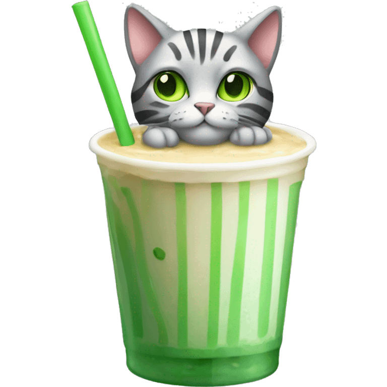 A striped grey cat with green eyes drinking boba emoji