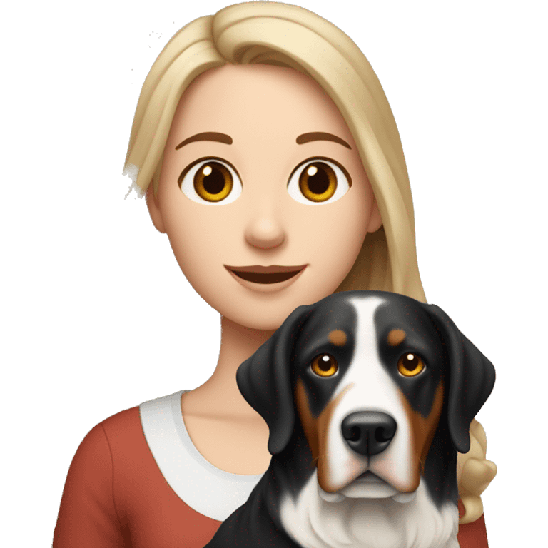 white girl with long hair holding a greater swiss mountain dog emoji