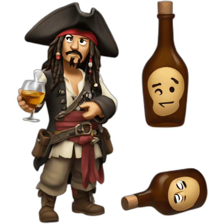 Disappointed Jack sparrow tilting a brandy bottle with a drop coming out emoji