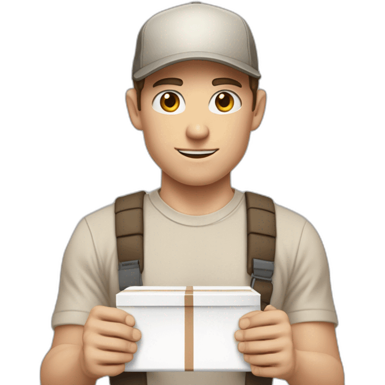 Pale skinned fit Man with dark brown hair in a beige cap, gray jeans, brown polo and white T-shirt keeping a pasted with tape white box into his hands emoji