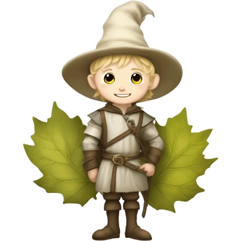 whimsical fairytale medieval pale boy who is tiny and wearing a leaf hat and big boots emoji