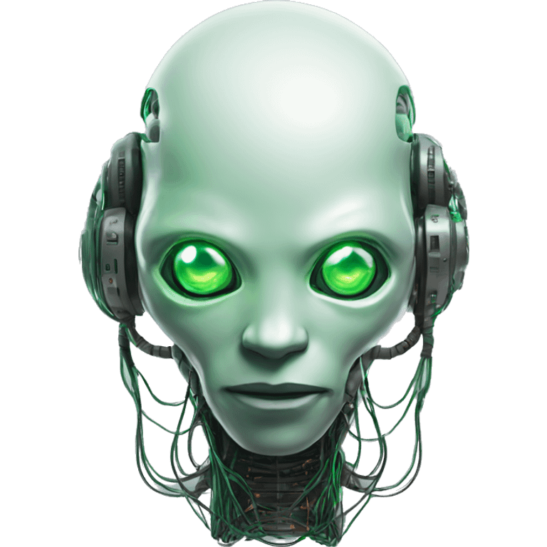 Round Alien cyborg head with glowing wires and green eyes  emoji