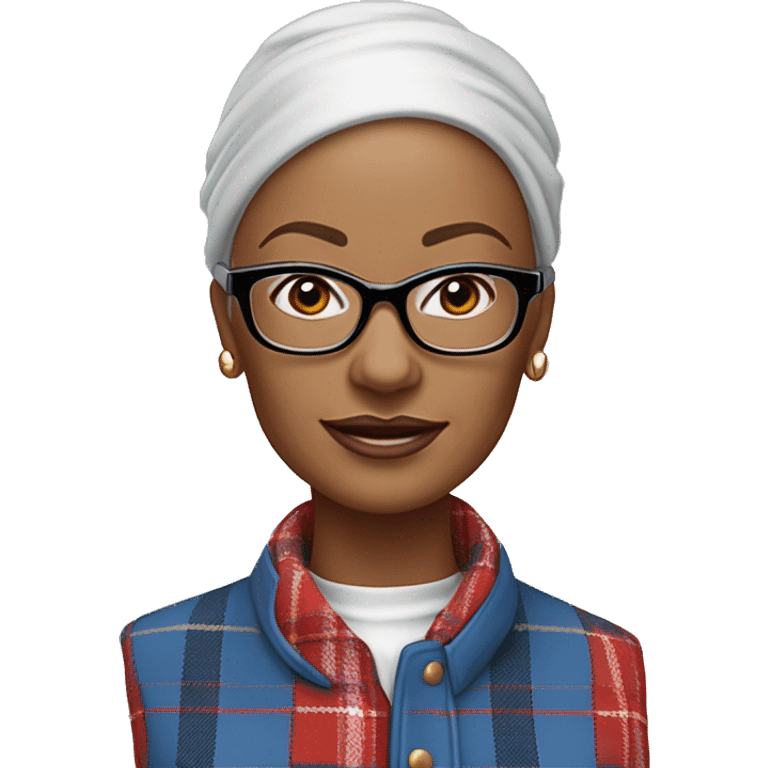 A bald aquiline nosed woman age 55, with protruding blue eyes that are crossed outward, wearing square plastic eyeglasses, a trucker cap, small hoop earrings, a plaid men's tuxedo with blue plaid overcoat red bowtie, red waistcoat and black pants emoji