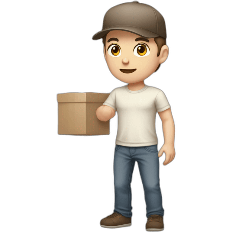 Pale skinned fit Man with dark brown hair in a beige cap, gray jeans, brown polo and white T-shirt keeping a pasted with tape white box into his hands emoji