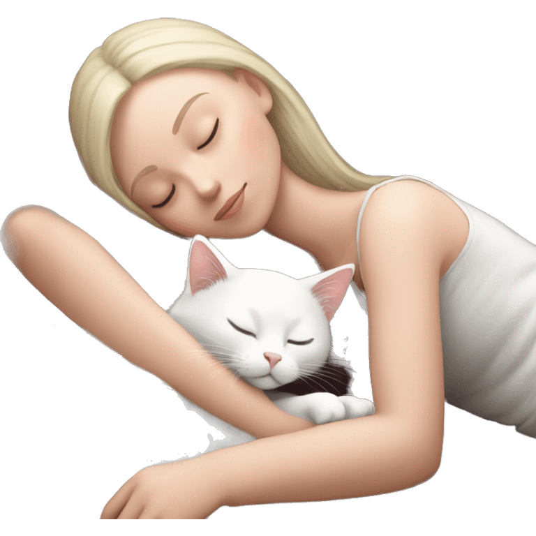 White kitty sleeping on brunette white girl's lap emoji