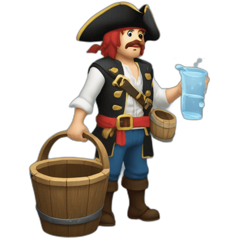 A pirate with an old wooden bucket filled with water in his hands. He is sending the water that is in this bucket away. emoji