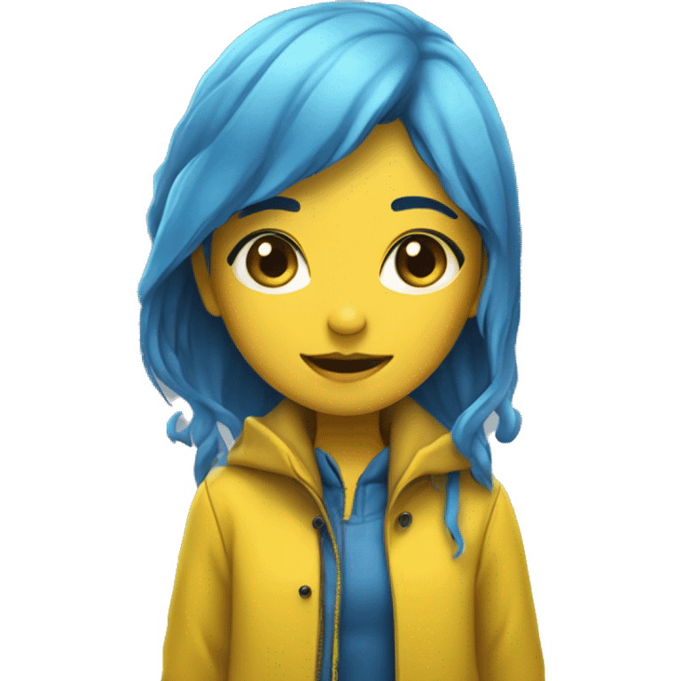 Girl with blue hair,black button eyes,a yellow rain coat,yellow boots emoji