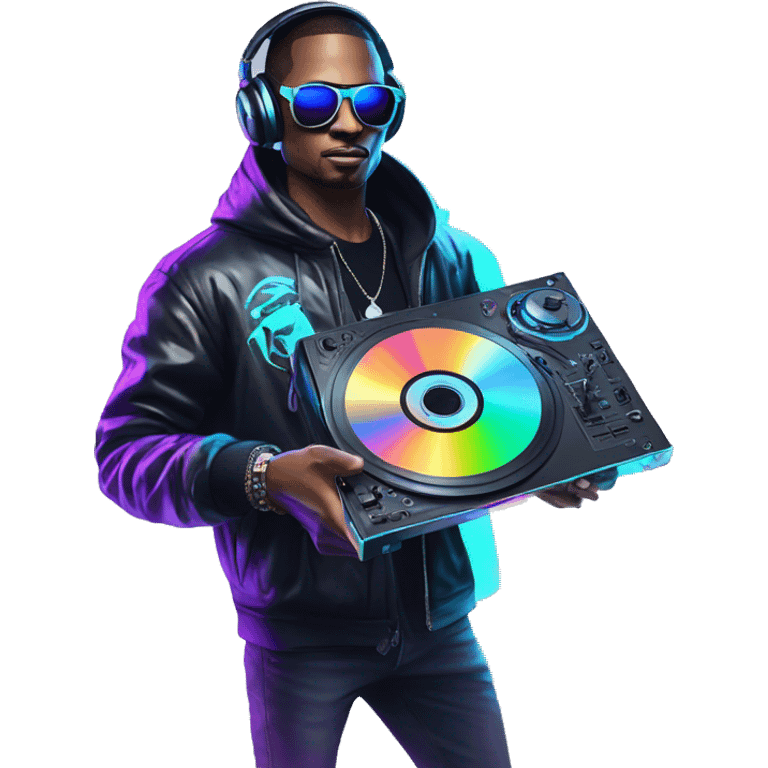 A dj wearing sunglasses playing music holding a cd record record, vinyl, oilslick holographic blacklight inverted graffiti dark dull emoji