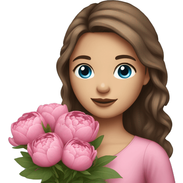 a girl with long brown hair and blue eyes holding a Beautiful bouquet of pink peonies   emoji