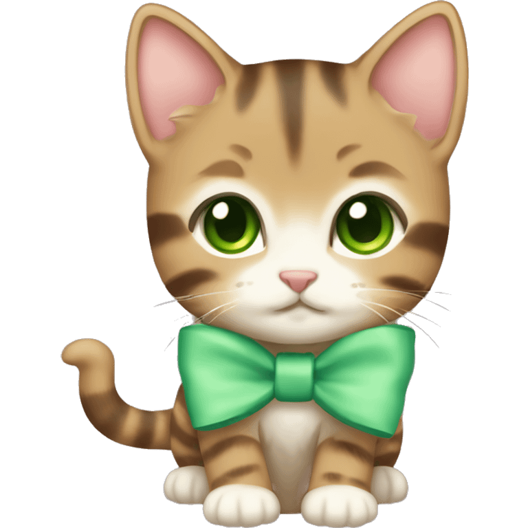 kawaii brown tabby kitten with green eyes and pastel green bow emoji