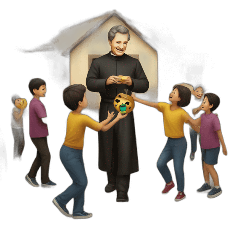 Don bosco playing with kids in the courtyard emoji