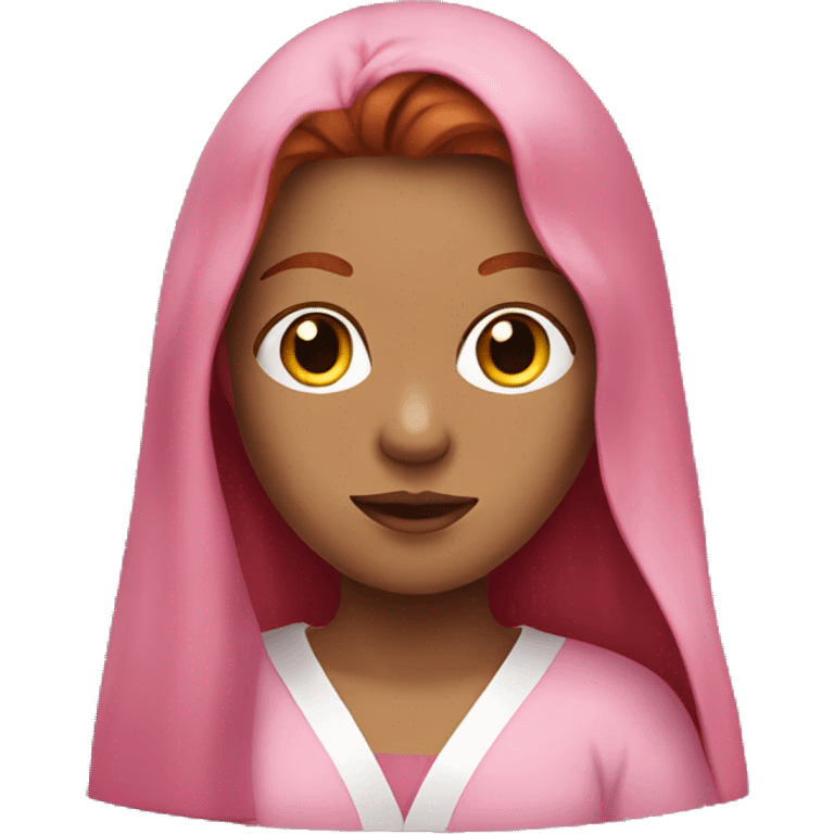 A red-haired girl with long hair in a pink robe and mask emoji