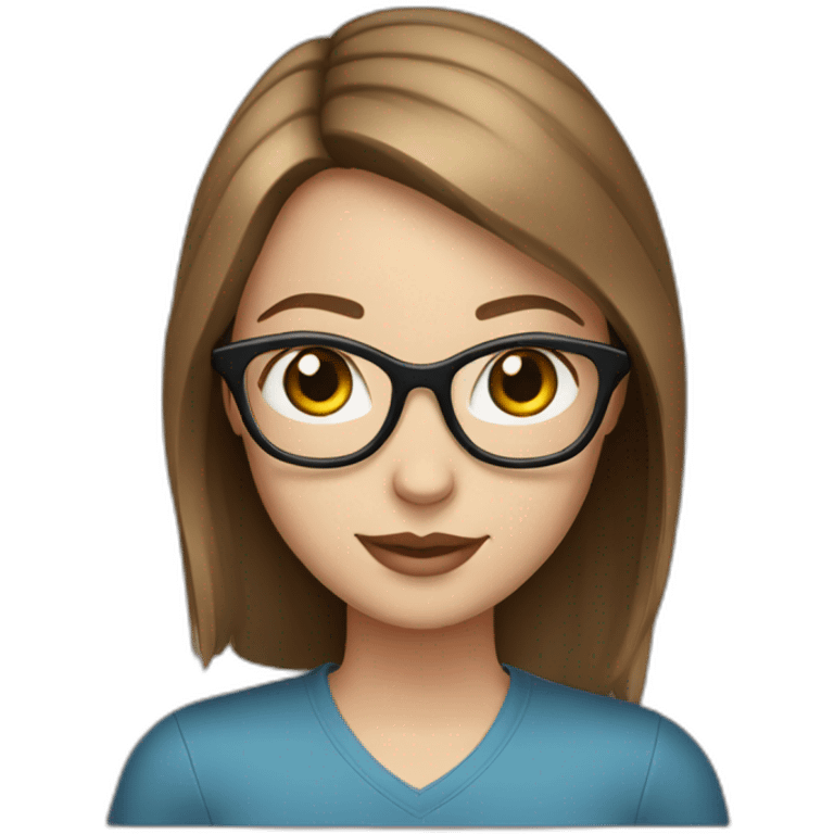 young white woman with brown straight hair and blue eyes wearing glasses with black frame emoji