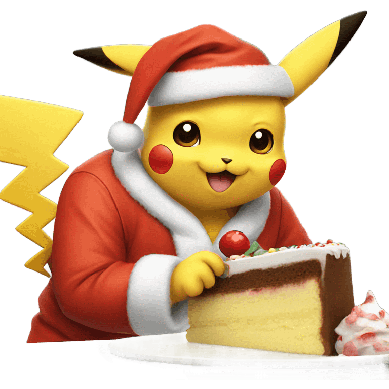 Pikachu with Santa hat eating cake emoji