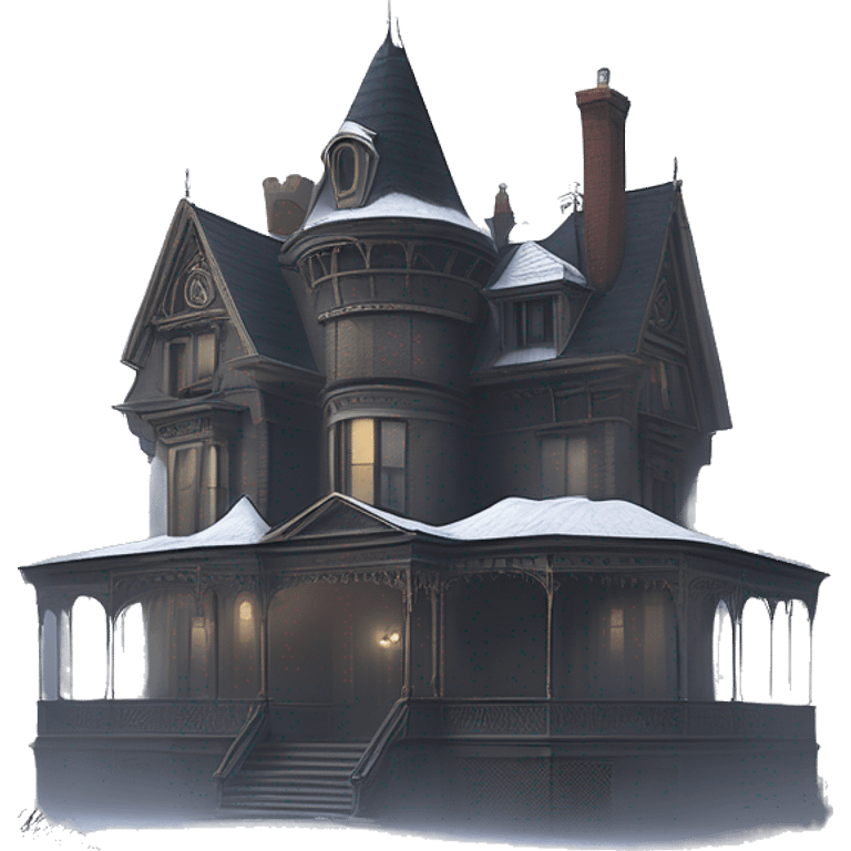 Fantastic Wide full view, A very roomy ramshackle Victorian Addams’s mansion looms through light fog at noon  emoji